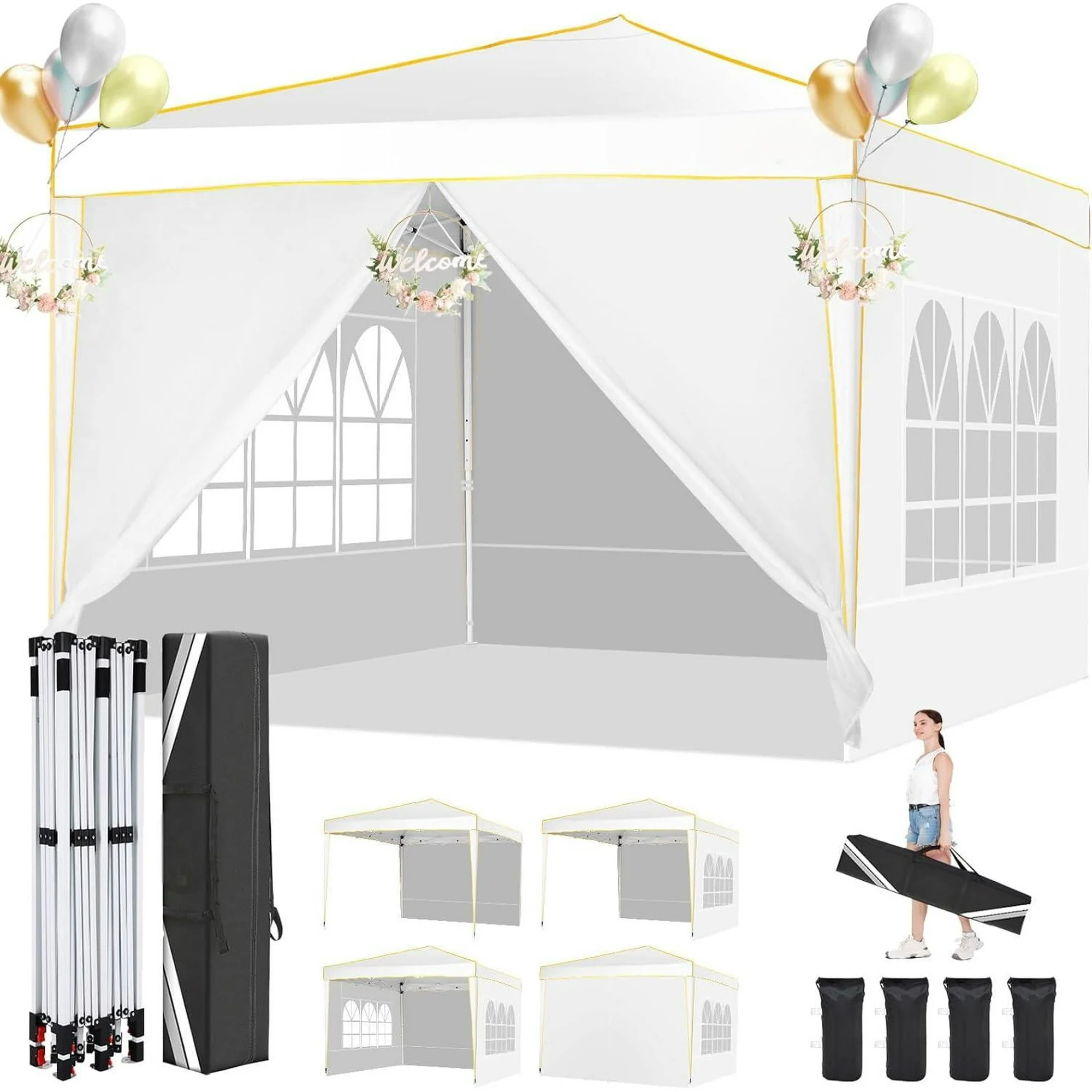 HOTEEL 10' x 10' Outdoor Canopy Party Tent EZ Pop up Canopy Portable Commercial Instant Canopy Shelter Tent Waterproof Gazebo with 4 Sidewalls & Carry Bag,Stakes & Ropes,Black