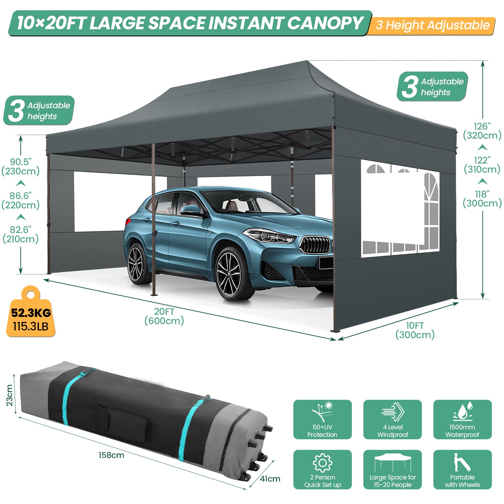 COBIZI 10x20 Pop up Heavy Duty Canopy with 6 Sidewalls,Waterproof Commercial Tent,Outdoor Gazebo for Wedding Party with Wheeled Bag