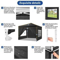 HOTEEL Pop up Canopy Tent 10x10 Commercial Instant Canopy with 4 Sidewalls & Carry Bag,Portable Tent for Parties Beach Camping Party Event Shelter Sun Shade