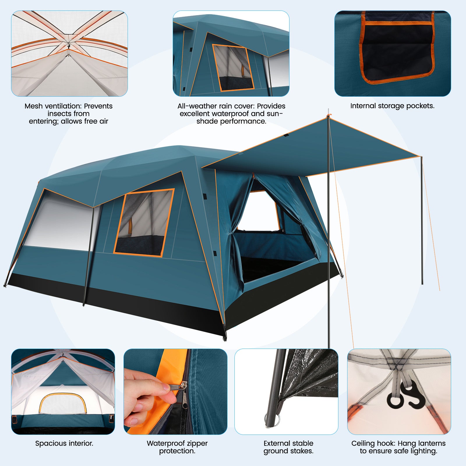 COBIZI 10 Person Camping Tent, Instant Setup 3 Minutes Large Family Tent with Removable Awning, Waterproof 2 Room Tent with UV Protection & Windproof, Spacious Portable Cabin Tent SPC000269