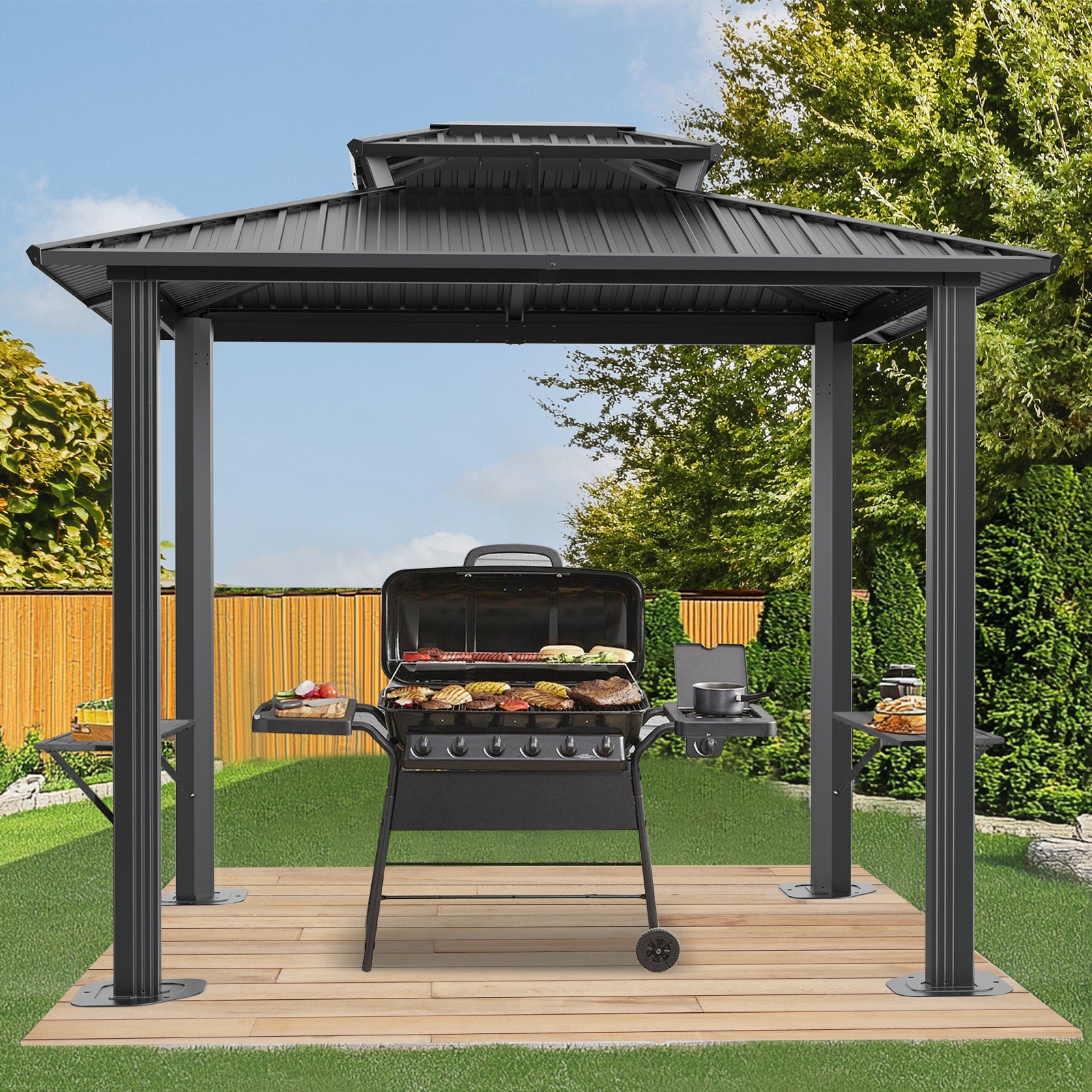 HOTEEL 6x8 FT Hardtop Grill Gazebo with Vented Double Roof, Galvanized Steel Sun & Rain Shelter, Rust-Resistant Aluminum BBQ Gazebo for Outdoor Cooking, Patio, Backyard (Black)