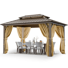 Hoteel 10' x 12' Hardtop Gazebo Heavy Duty Outdoor Gazebo with Galvanized Steel Double Roof, Flame-Retardant Curtains and Netting, Permanent Gazebo for Patio, Lawn and Backyard, Black