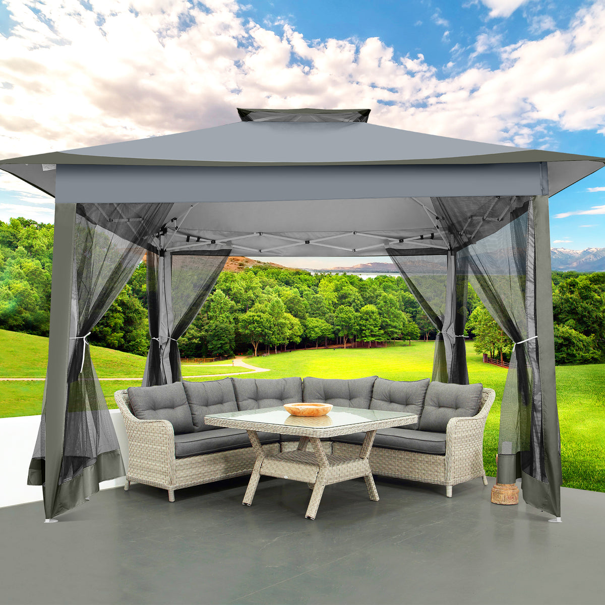 HOTEEL 12'x12' HOME Outdoor Pop-up Patio Gazebo with Expansion Bolts, Heavy Duty Party Tent & Shelter with Double Roofs, Mosquito Nettings and Privacy Screens for Backyard, Garden, Lawn, Gray