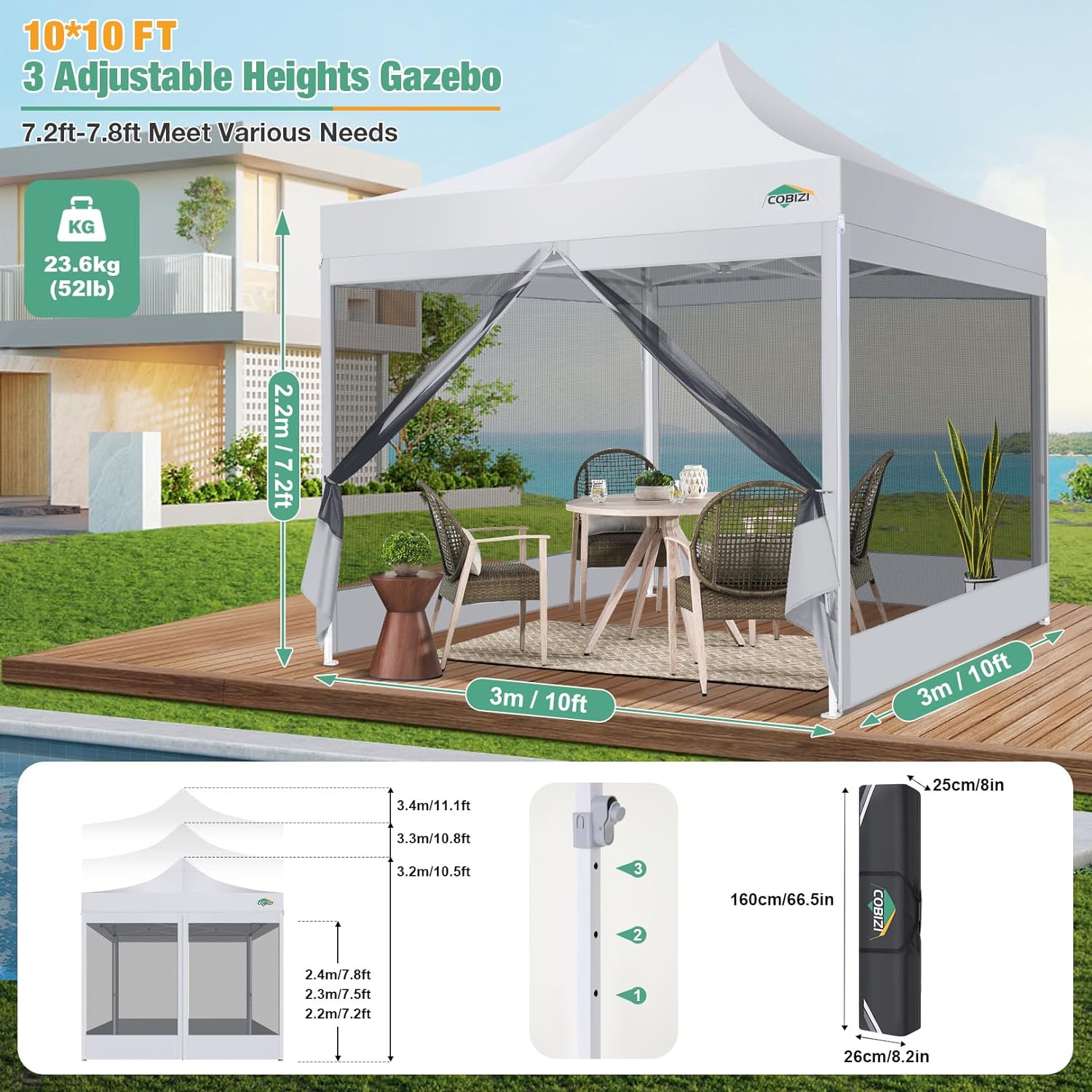 COBIZI 10'x10' Heavy Duty Pop up Canopy Gazebo with Netting Screened SPC111