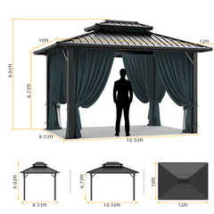 Hoteel 10' x 12' Hardtop Gazebo Heavy Duty Outdoor Gazebo with Galvanized Steel Double Roof, Flame-Retardant Curtains and Netting, Permanent Gazebo for Patio, Lawn and Backyard, Black