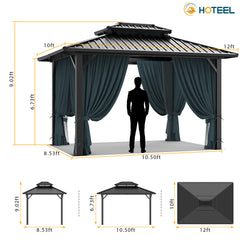 HOTEEL 10x12 Hardtop Gazebo Aluminum Gazebos with Galvanized Steel Double Roof Metal Gazebo with Curtains and Netting Permanent Hardtop Gazebos Steel Gazebo for Backyard, Garden and Patio, Black