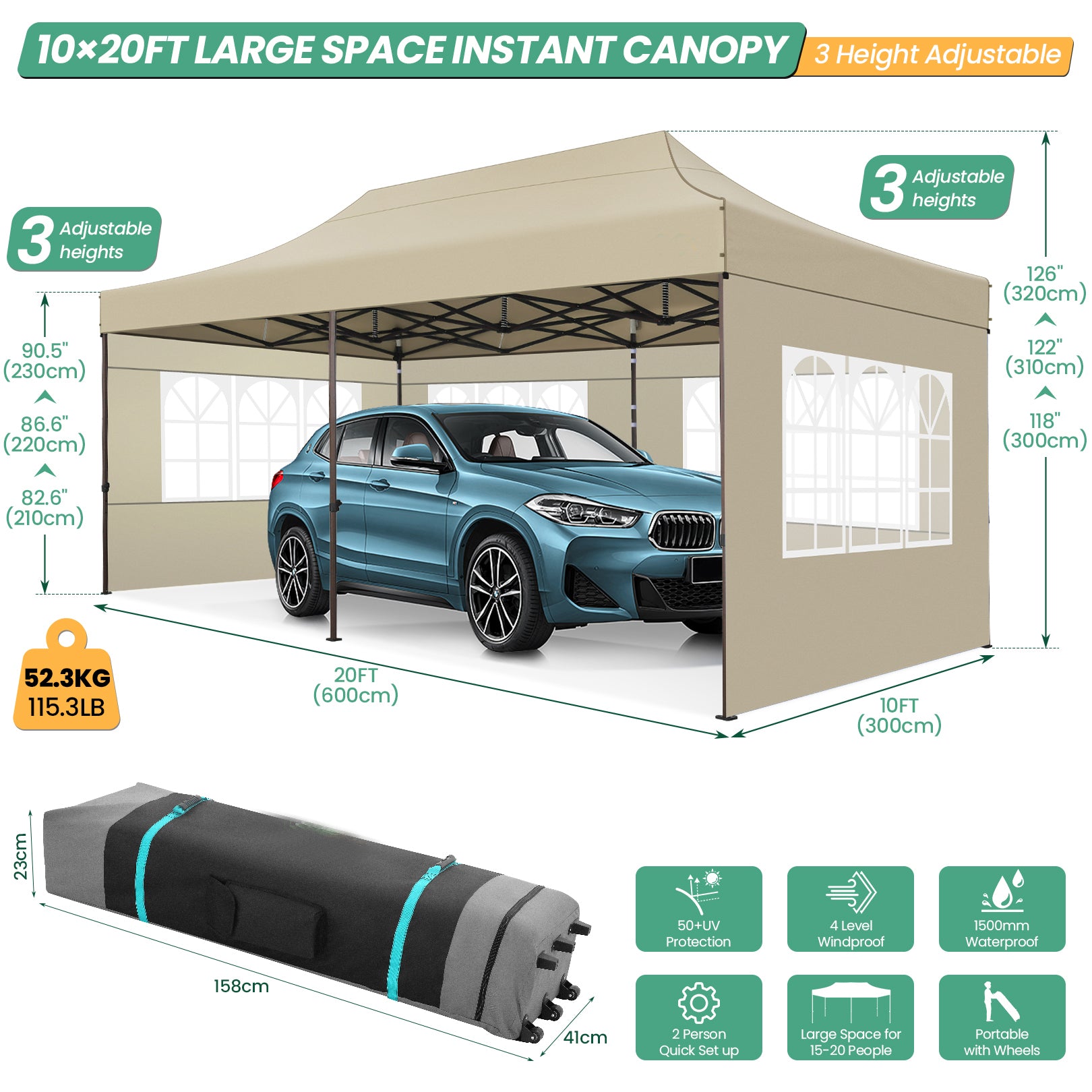 COBIZI 10x20 Heavy Duty Canopy Tent with 6 Removable Sidewalls,Pop up Outdoor Commercial Party Wedding Tent with Roller Bag,Waterproof & UV 50+,Khaki