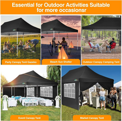 COBIZI 10x20 Pop Up Canopy Tent with 6 Removable Sidewalls, Easy Up Commercial Canopy with Upgrade Raised Roof, Waterproof and UV50+ Gazebo with Carry Bag, Black