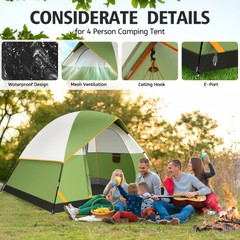COBIZI 4 Person Tent for Camping, Easy Setup Camping Tent with Rainfly & Screen Windows for Camping/Traveling/Family Gathering/Hiking/Beach