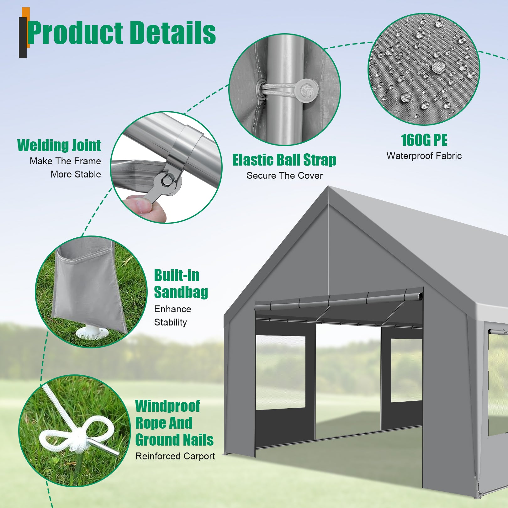 COBIZI 20'x20' Large 2 Cars  Heavy Duty Carport  Canopy, Gray