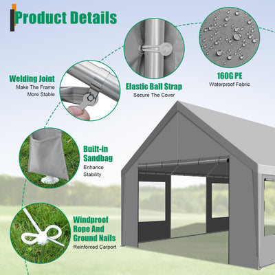 COBIZI 20'x20' Large 2 Cars  Heavy Duty Carport  Canopy, Gray