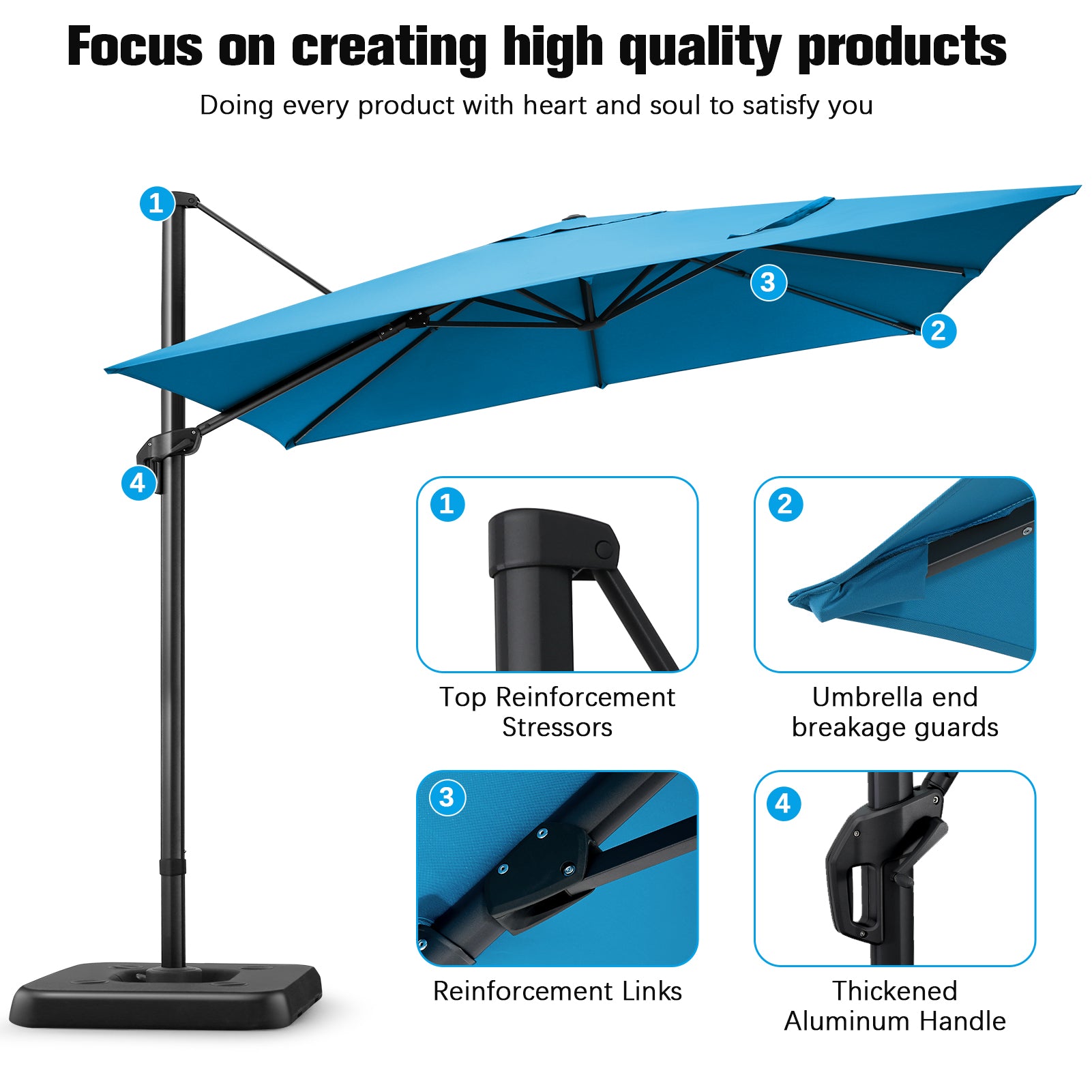 10'x10' Cantilever Umbrella Square Outdoor Patio Umbrella Large Offset Hanging Umbrella Aluminum Umbrella with Base, 360¡ã Rotation, Blue