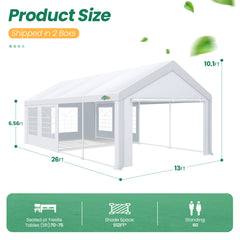 COBIZI 13x26ft Party Tent Wedding Patio Gazebo Outdoor Carport Canopy Shade with Side 8 Removable Walls, Waterproof, UV 50+, Outdoor Gazebo for Party BBQ with Built-in Sandbags, White