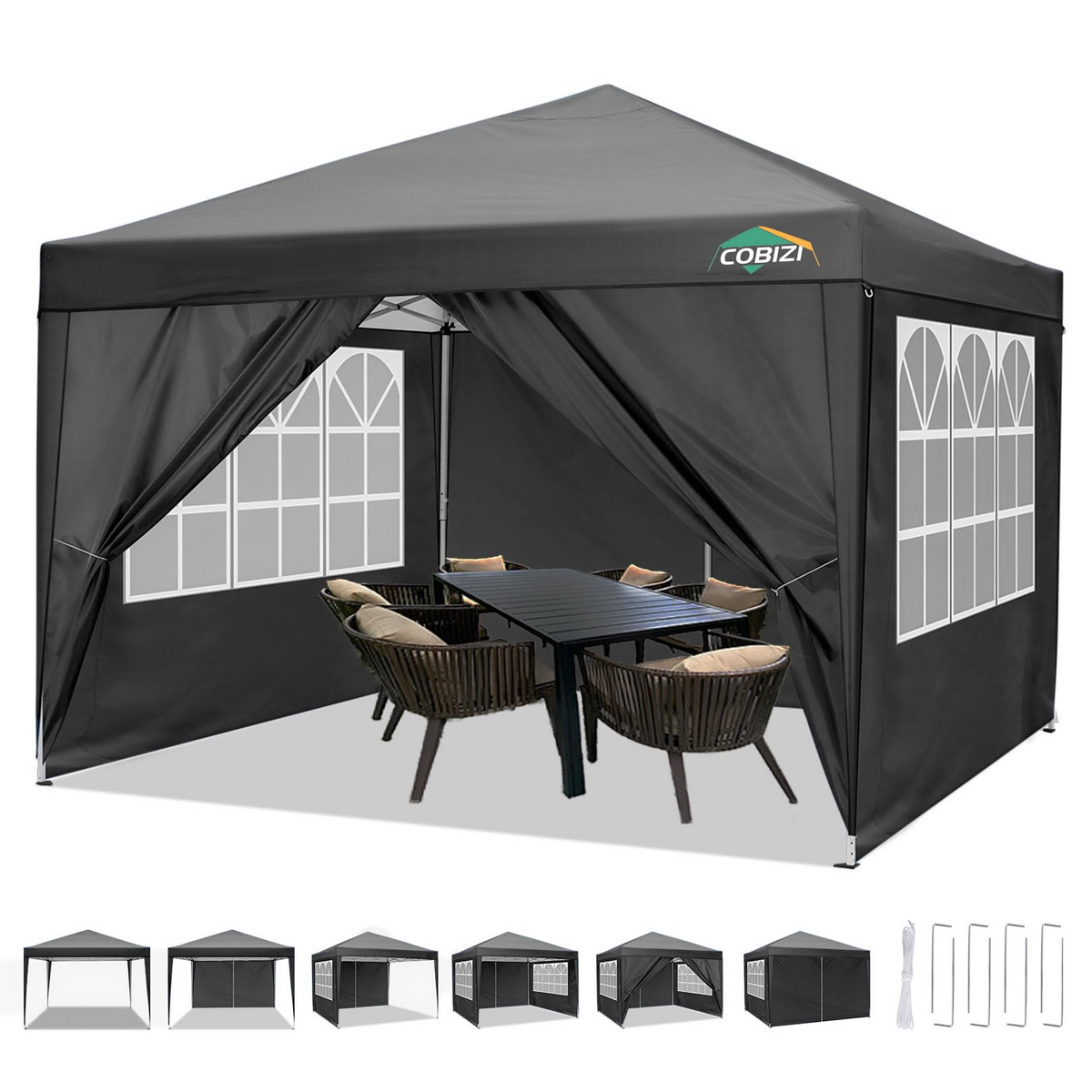 COBIZI 10x10ft Pop up Canopy Tent with 4 Sidewalls, Easy up Outdoor Waterproof Camping Tent,for Parties,Picnic, Black