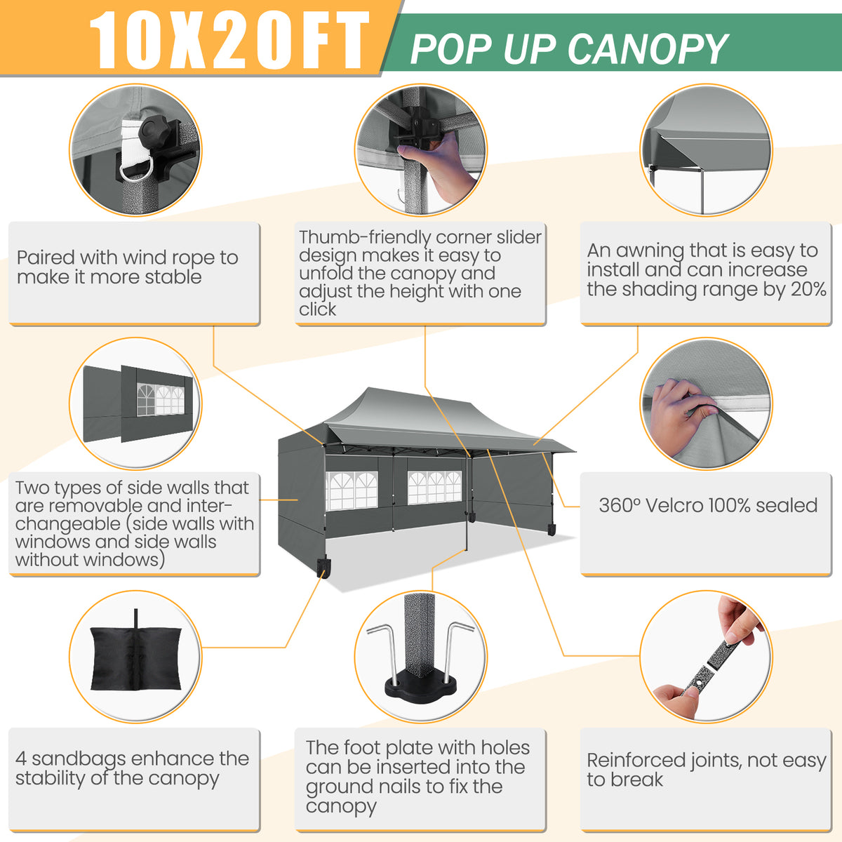 COBIZI 10x20 Heavy Duty Pop up Canopy Tent, Waterproof Outdoor Event Shelter with Extended Awning, UPF 50+, Instant Set up, Roller Bag, Gray