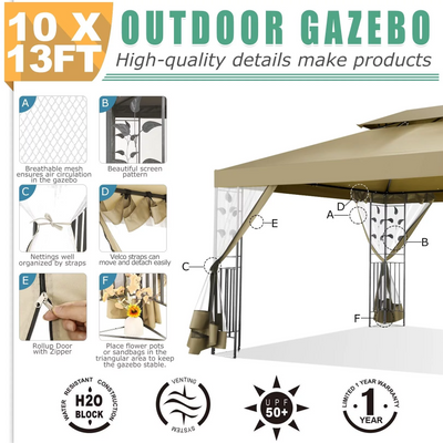 COBIZI 10x13 Outdoor Gazebo, Garden Tent for Patio Canopy with Leaf Screen Steel Frame and Mosquito Netting, Double Roof Canopy Tent for Deck, Backyard, Garden and Lawns, Khaki