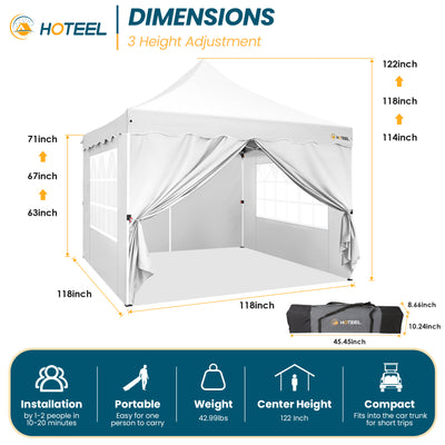 HOTEEL 10'x10' Pop Up Canopy , UPF 50+ Easy Setup Canopy Tent Waterproof Outdoor Instant Portable Shelter with 4 Removable Sidewalls, Sandbags, Stakes & Ropes for Party, Events, Vendor, White