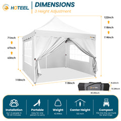 HOTEEL 10'x10' Pop Up Canopy , UPF 50+ Easy Setup Canopy Tent Waterproof Outdoor Instant Portable Shelter with 4 Removable Sidewalls, Sandbags, Stakes & Ropes for Party, Events, Vendor, White