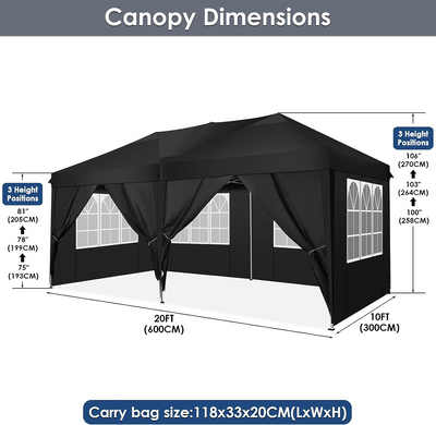 COBIZI 10'x20' Pop Up Canopy with 6 Sidewalls,Waterproof Outdoor Commercial Instant Tent,for Parties Beach Camping Event Shelter Wedding,Black