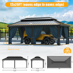 HOTEEL 10'x15' Hardtop Gazebo, Outdoor Steel Double Galvanized Roof Canopy, Aluminum Frame Permanent Pavilion Metal Gazebo with Curtains and Nettings, Sunshade for Patios, Gardens, Lawns, Black