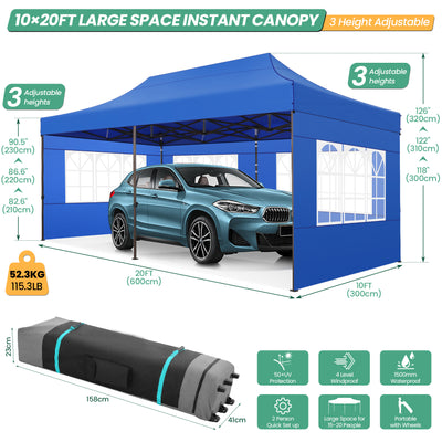 COBIZI 10x20 Pop up Heavy Duty Canopy with 6 Sidewalls,Waterproof Commercial Tent,Outdoor Gazebo for Wedding Party with Wheeled Bag