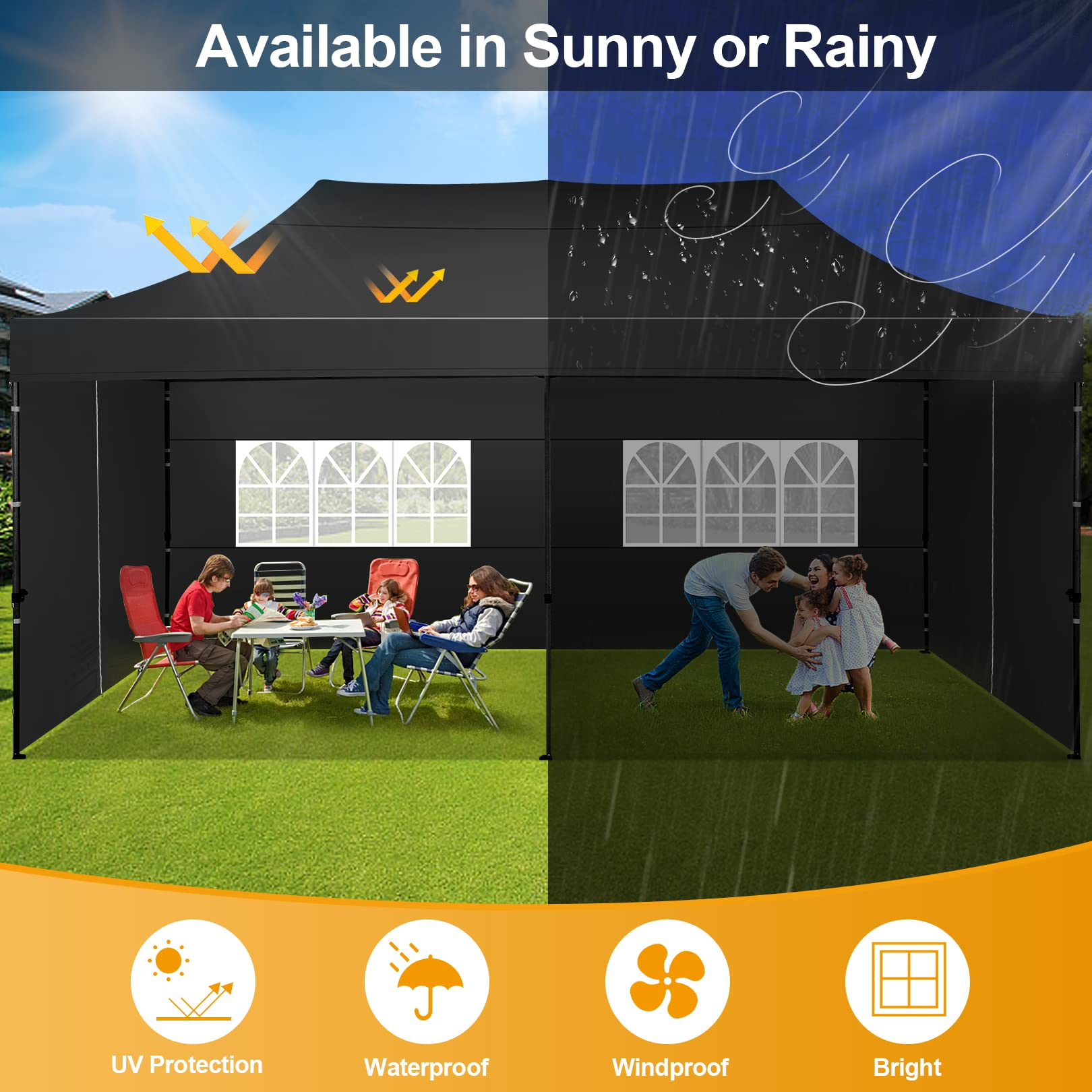 COBIZI 10x20 Pop up Canopy with 6 sidewalls Commercial Heavy Duty Canopy UPF 50+ All Weather Waterproof Outdoor Wedding Party Tents Gazebo with Roller Bag, Black