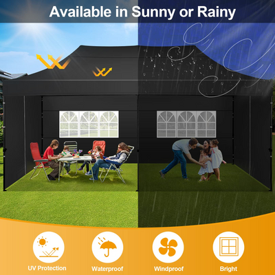 COBIZI 10x20 Pop up Canopy with 6 sidewalls Commercial Heavy Duty Canopy UPF 50+ All Weather Waterproof Outdoor Wedding Party Tents Gazebo with Roller Bag, Black