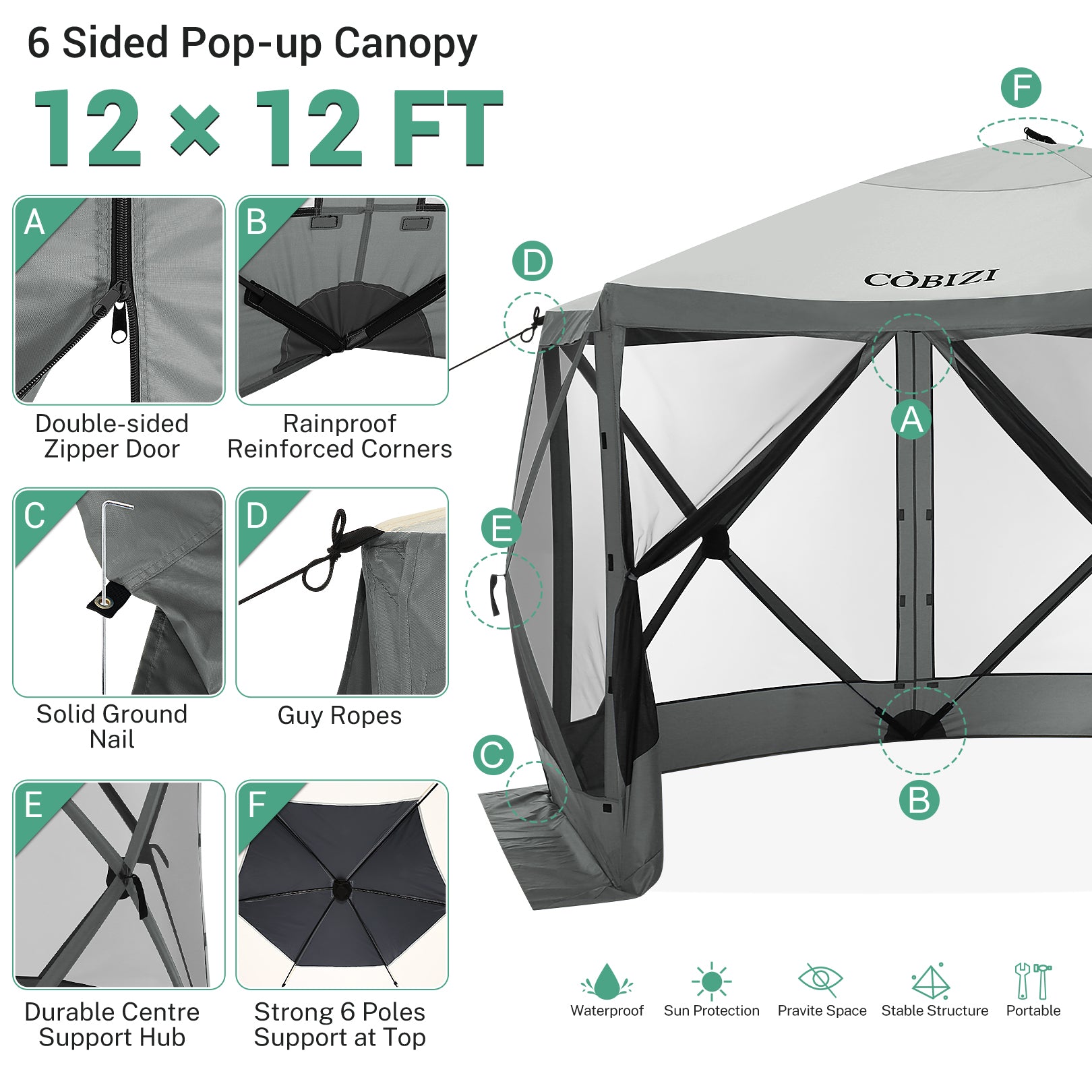 COBIZI 12x12ft Pop-up Gazebo EZ Set-up Camping Canopy Tent with 6 Sides Mosquito Netting, Waterproof, UV Resistant, Portable Screen House Room, Outdoor Party Tent with Carry bag, Ground Spike