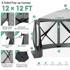 COBIZI 12x12ft Pop-up Gazebo EZ Set-up Camping Canopy Tent with 6 Sides Mosquito Netting, Waterproof, UV Resistant, Portable Screen House Room, Outdoor Party Tent with Carry bag, Ground Spike
