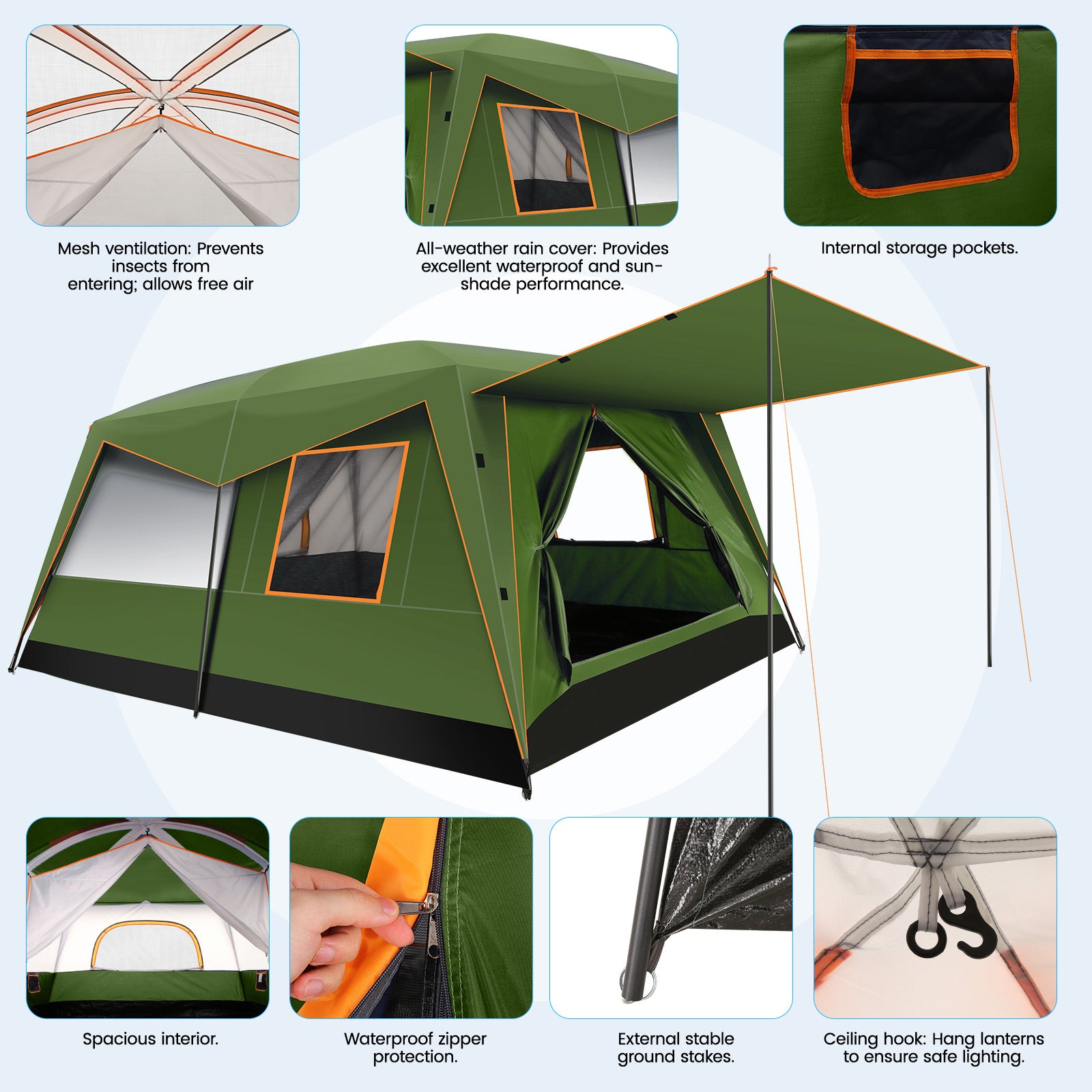 HOTEEL 10 Person Camping Tent Family Tents, Instant Cabin Tents, Family Cabin Multi Room Pop Up Tents Car Camping for Parties, Music Festival Tent, Big, Easy Up, Included Storage Pockets