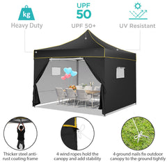 HOTEEL Pop Up 10x10 Canopy Tent, Outdoor Heavy Duty Vendor Tent with Sidewalls,Easy Up Canopy with Mesh Window,UPF 50+, Black
