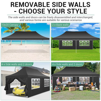 HOTEEL 10'x20' Pop up Canopy Tent with 6 Removable Sidewalls, Instant Outdoor Canopy Shelter with Upgrade Raised Roof and Carry Bag,Black