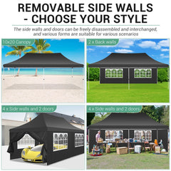 HOTEEL 10'x20' Pop up Canopy Tent with 6 Removable Sidewalls, Instant Outdoor Canopy Shelter with Upgrade Raised Roof and Carry Bag,Black