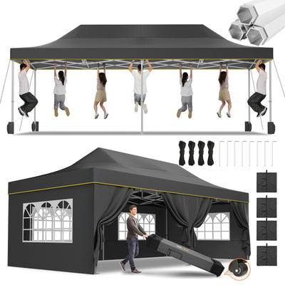HOTEEL 13x26 Heavy Duty Pop Up Canopy,Instant Outdoor Gazebo with 6 Sidewalls, Commercial Grade Party Tent for Wedding Events, Hexagonal Frame,Black