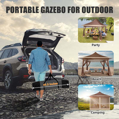 HOTEEL 12x12 Outdoor Waterproof Gazebo, Pop Up Canopy Tent with Adjustable Height, UV Protection & Mosquito Net, Ideal for Parties, Camping, Weddings, and Backyard Events,Brown