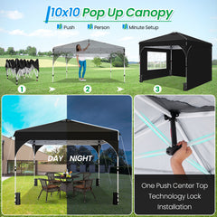 HOTEEL 10'x10' Up Pop Up Canopy Tent, Party Tents with One Push Central Button Air Vent, Instant Canopy Tent with 3 Sidewalls & Reflective Strip