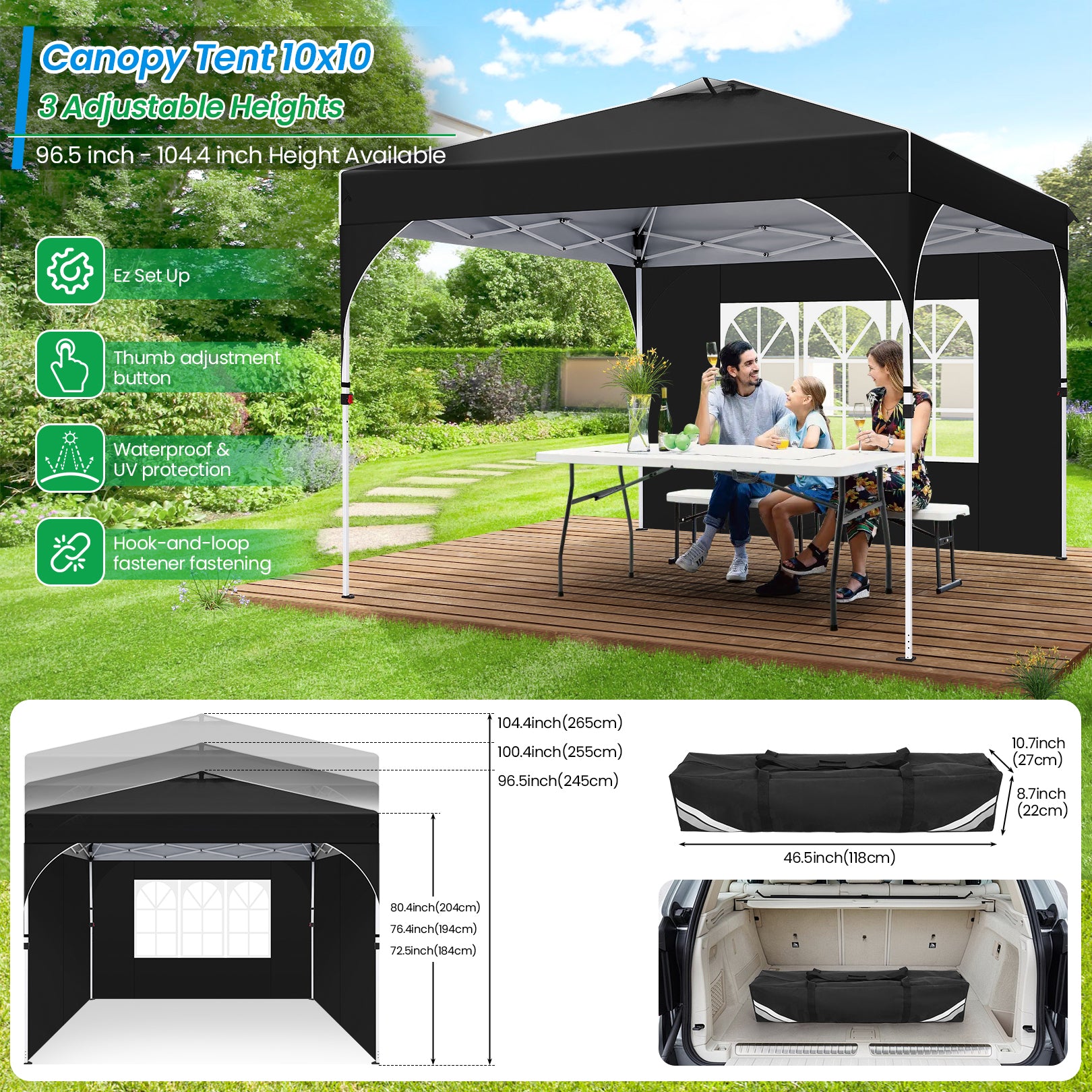 Cobizi 10'x10' Up Pop Up Canopy Tent, Party Tents with One Push Central Button Air Vent, Instant Canopy Tent with 3 Sidewalls & Reflective Strip SPC000141