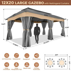 COBIZI Heavy Duty 12'x20' Metal Patio Gazebo Outdoor Gazebo Canopy Tent with 6 Mosquito Netting and Curtains Gazebos Shelter 100% Waterproof with Double Roof for Party, Backyard, Deck, Garden, Gray