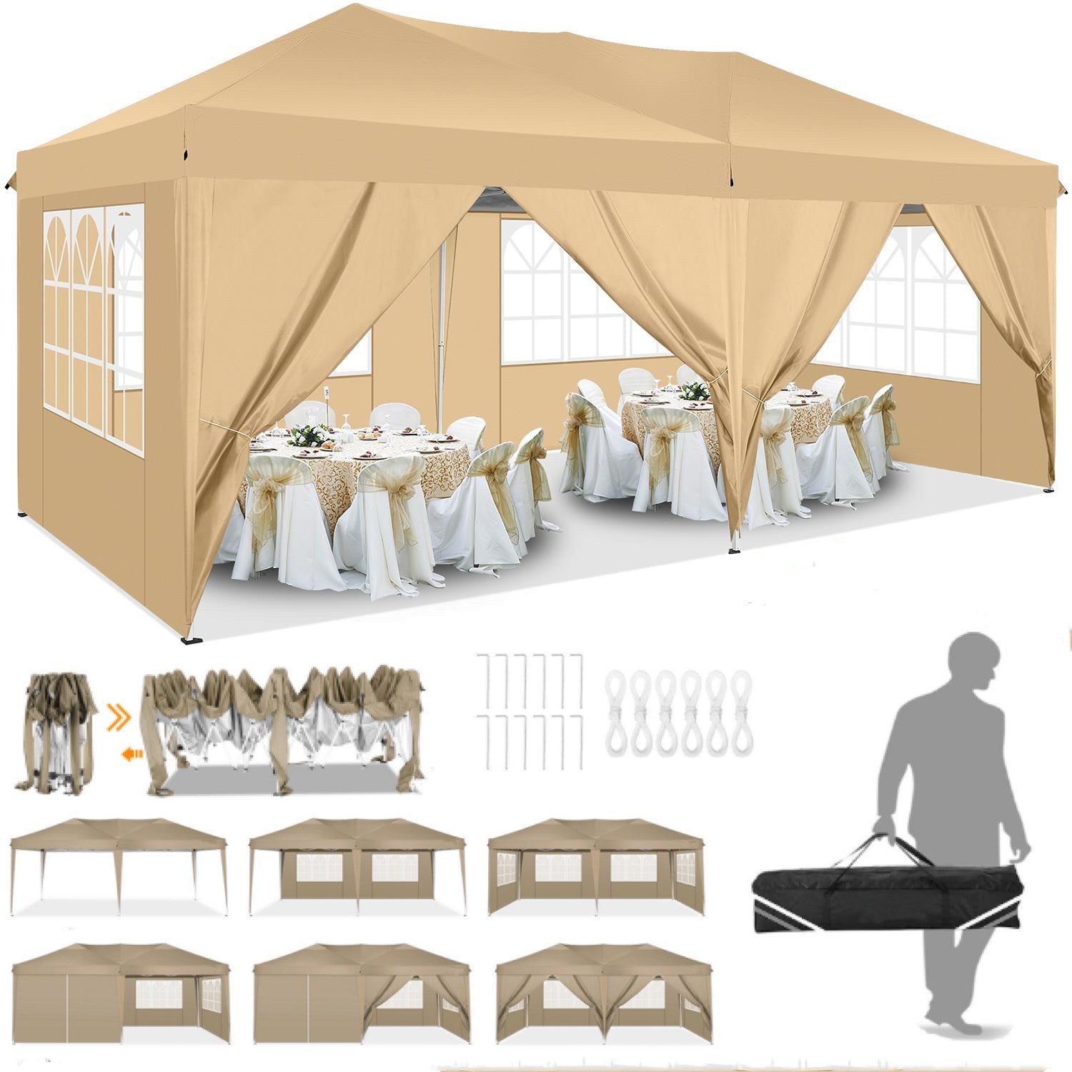 Hoteel 10x20ft Pop up Canopy, Fully Waterproof Canopy Tent with Sidewalls for Outdoor Sports, Black