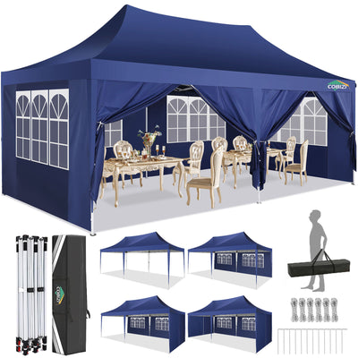 COBIZI 10x20 Canopy Tent with Sidewalls, 3 Adjustable Height Commercial Canopy, Pop Up Party Canopy with 12 Stakes & 6 Ropes,Blue