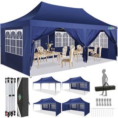 COBIZI 10x20 Canopy Tent with Sidewalls, 3 Adjustable Height Commercial Canopy, Pop Up Party Canopy with 12 Stakes & 6 Ropes,Blue