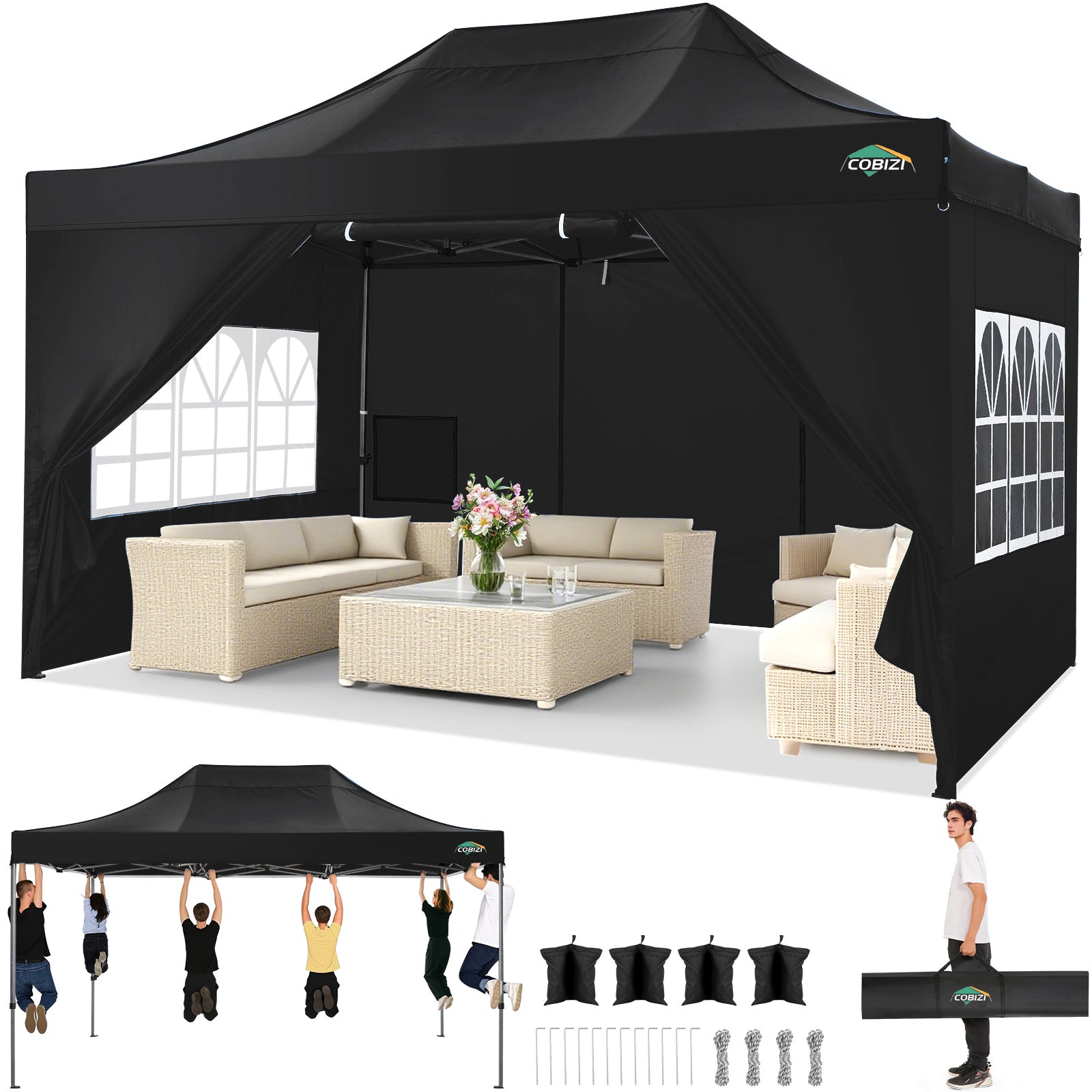 COBIZI 10'x15' Heavy Duty Pop Up Canopy with 4 Sidewalls & 3 Adjustable Heights AMA5913