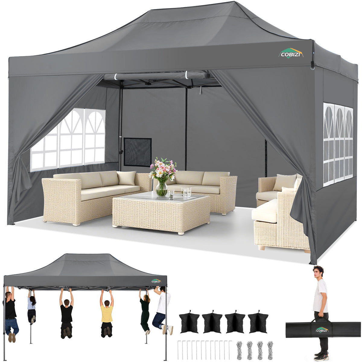 COBIZI 10'x15' Heavy Duty Pop Up Canopy with 4 Sidewalls & 3 Adjustable Heights AMA5913