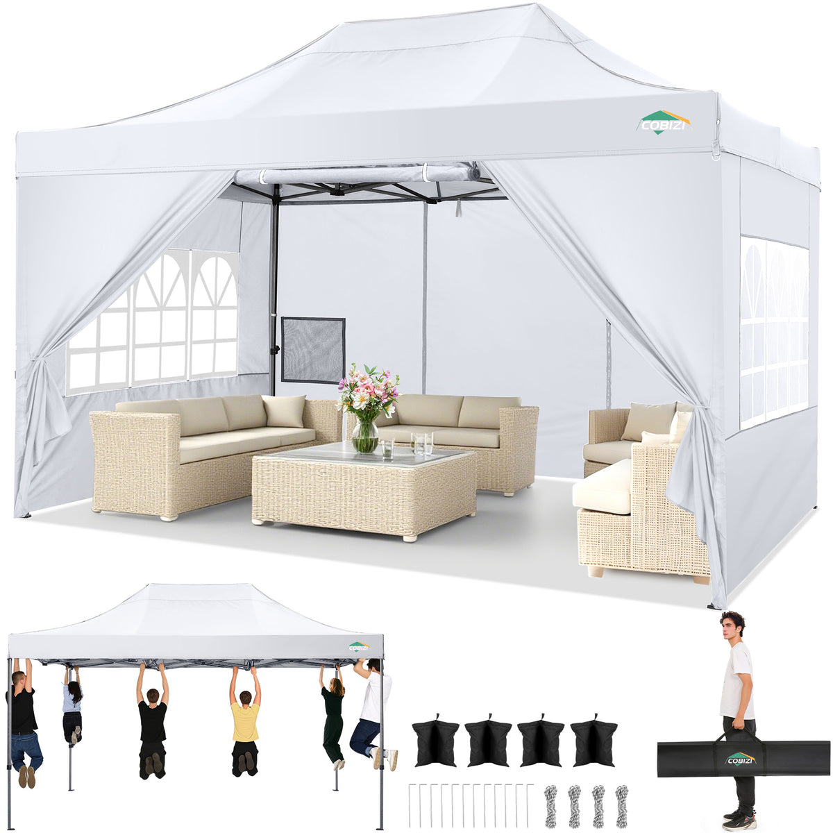 COBIZI 10'x15' Heavy Duty Pop Up Canopy with 4 Sidewalls & 3 Adjustable Heights AMA5913