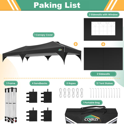 COBIZI 10'x10'/10'x20'/10'x30' Pop Up Canopy Tent with 4 Sidewalls, One-Push Center Lock, UPF 50+ Waterproof Easy Up Gazebo,Outdoor Sun Shelte SPC000142x