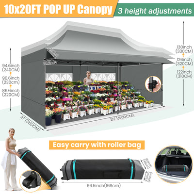 COBIZI 10x20 Heavy Duty Pop up Canopy Tent, Waterproof Outdoor Event Shelter with Extended Awning, UPF 50+, Instant Set up, Roller Bag, Gray