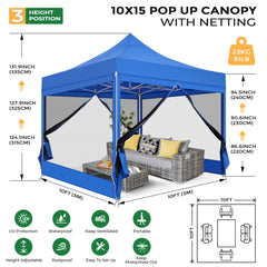 COBIZI 10'x10' Heavy Duty Canopy Tent, Pop up Gazebo with Netting Screened ,Waterproof Ez up Canopy with Sidewalls, Outdoor Instant Party Tent for Backyard,Blue