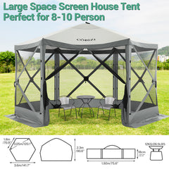 Hoteel 12x12ft Pop-up Gazebo EZ Set-up Camping Canopy Tent with 6 Sides Mosquito Netting, Waterproof, UV Resistant, Portable Screen House Room, Outdoor Party Tent with Carry bag, Ground Spike, Khaki
