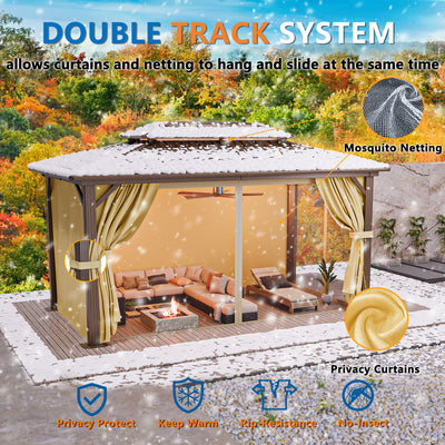 COBIZI 10'x15' Hardtop Gazebo with Heavy Duty Galvanized Steel Metal Roof, Patio Hard Top Gazebo with Curtains & Netting, Brown SPC000274