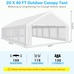 HOTEEL 20x40 Party Tent Heavy Duty with 8 Removable Sidewalls & 4 Built-in Sandbags, Commercial Wedding Large Tent, UV 50+, Waterproof, White